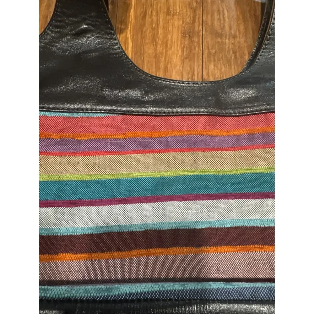Moroccan Black Leather & Woven Handmade Multicolored Material 15” Purse Handbag